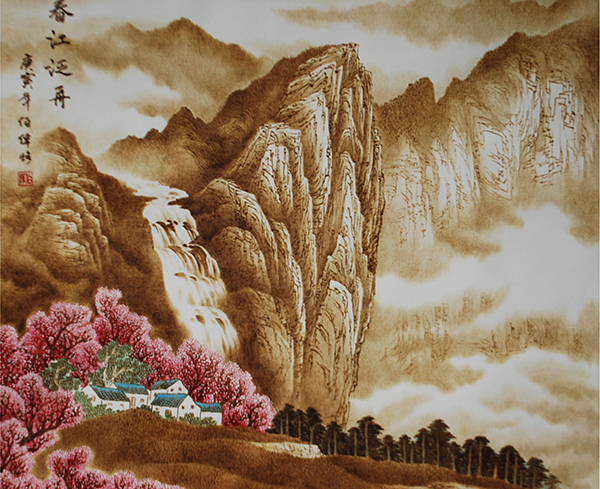 山水(丝绢烙画)